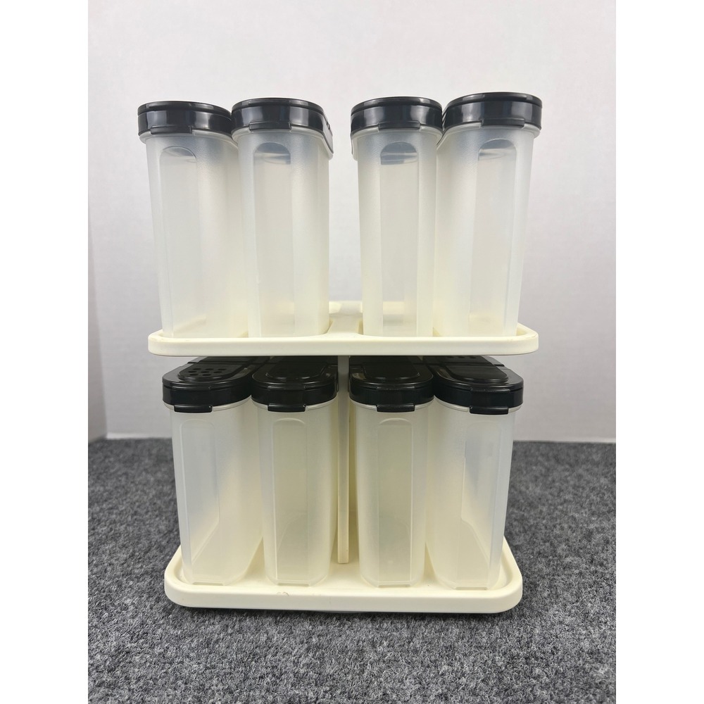 Tupperware Spice Shaker Carousel 8 Piece Set Black Lids Rotating Stand Labels